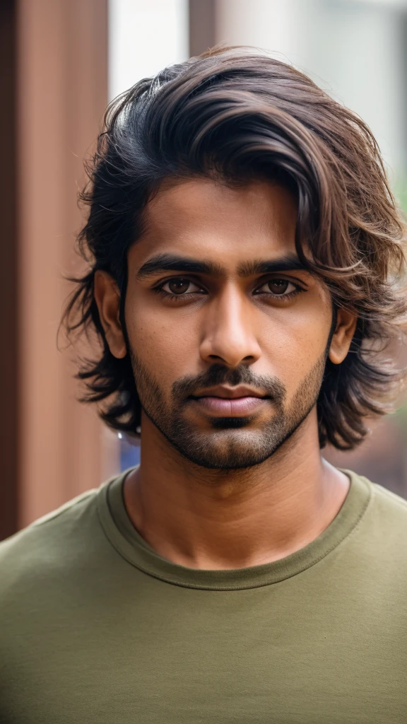 A base model of a handsome indian  man , looking at the camera, sad expression, , t shirt , messy hair , detailed eyes, detailed face, detailed background, masterpiece 