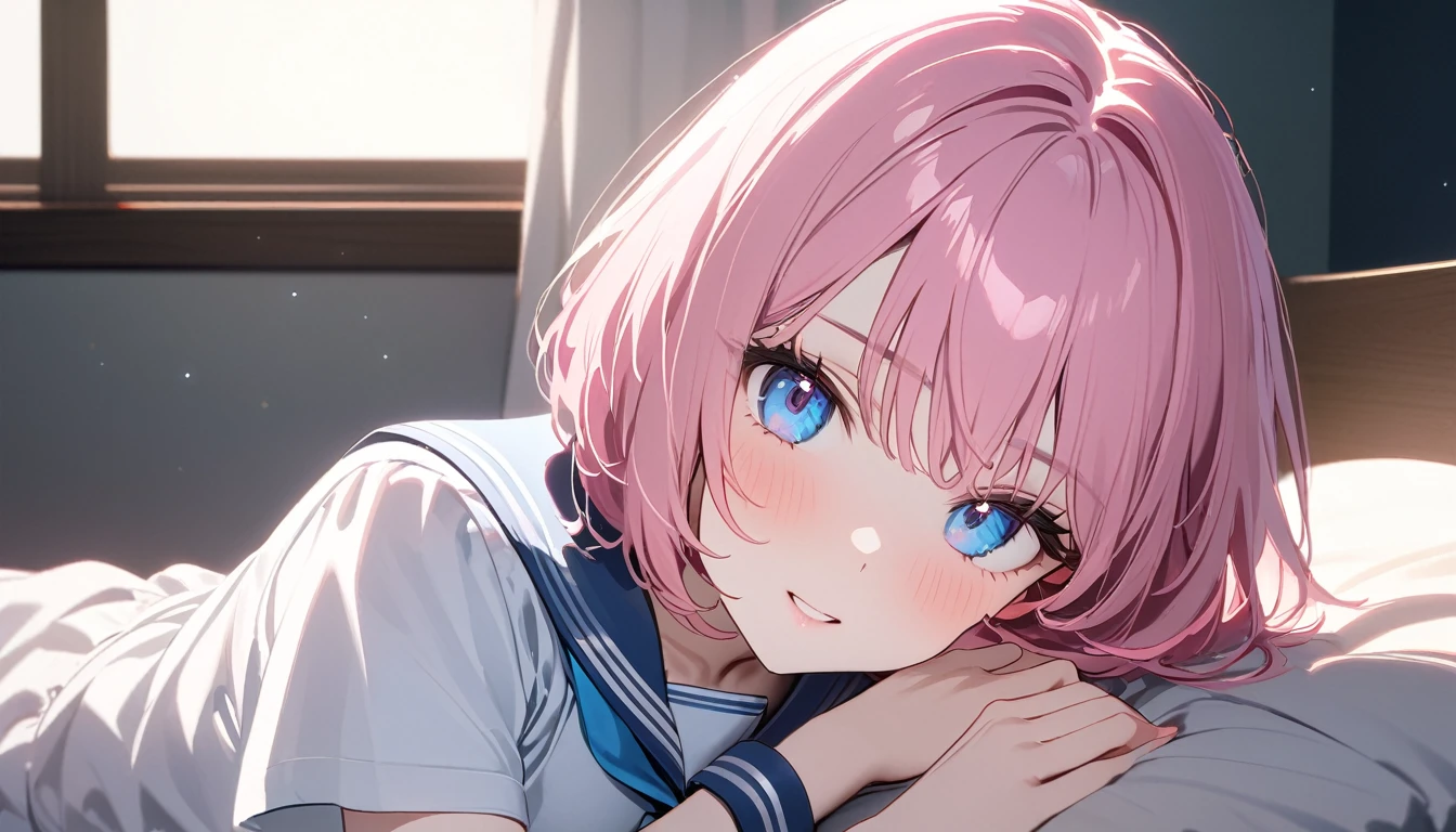 (Fit Body:1.1),(glistening skin:1.1),(pale skin:1.1),(Best Picture Quality, 8K, Masterpiece:1.3),(high school student:1.5), (pink medium hair), (bob cut), (slant skyblue eyes),Serene Bedroom Setting, Professional Lighting, Very Detailed Skin And Hair, Lying In Bed, (serafuku:1.3), beguiling expression, (super clear:1.5),light pigmented