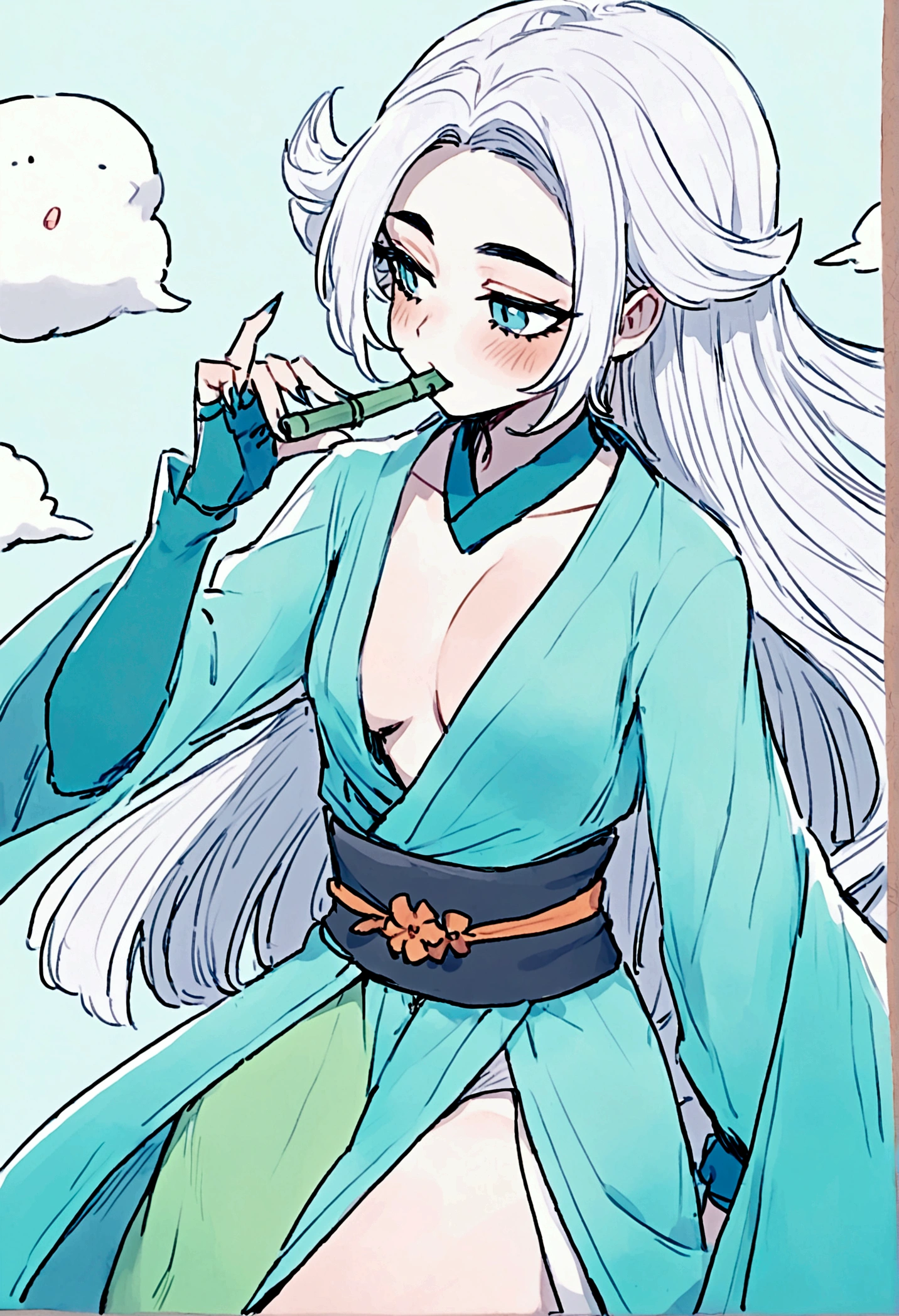 A Colette de Brawl Stars, with a Blue Kimono with pastel blue tones and with a Bamboo in her mouth like Nezuko Kamado looks, with white hair, She is also a gentle Oni and does not eat Human flesh..