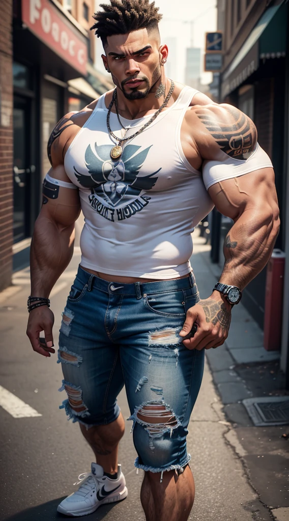 an anthropomorphic man, muscular, bodybuilder, tattooed body, with ”AC DC” t-shirt", bad boy bracelet and necklace, muscle ripped jeans, white Nike sneakers, hostile face, bottom of the Bronx. 8k, intricate details, cinematographic, plano general.