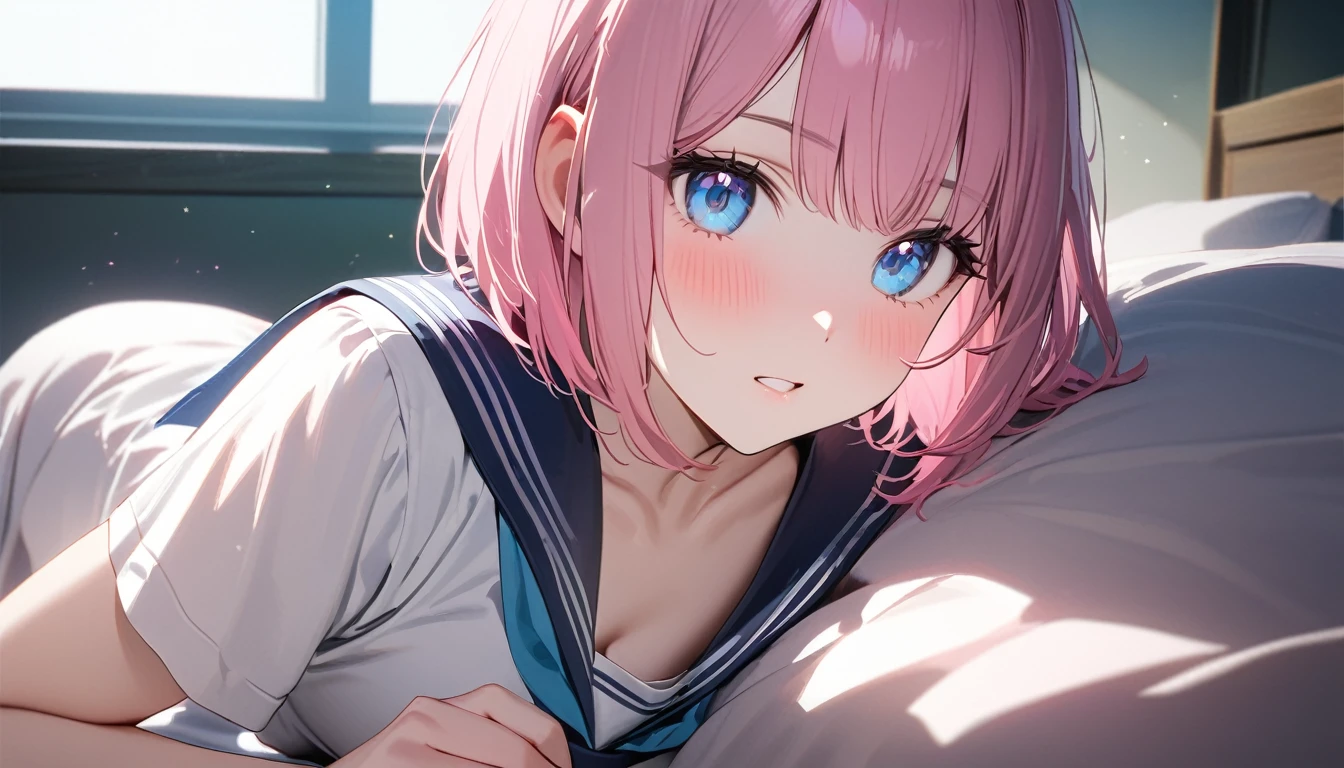 (Fit Body:1.1),(glistening skin:1.1),(pale skin:1.1),(Best Picture Quality, 8K, Masterpiece:1.3),(high school student:1.5), (pink medium hair), (bob cut), (slant skyblue eyes),Serene Bedroom Setting, Professional Lighting, Very Detailed Skin And Hair, Lying In Bed, (serafuku:1.3), beguiling expression, (super clear:1.5),light pigmented