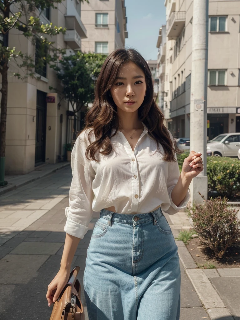 (best quality, 4k, 8k, high resolution, masterpiece: 1.2), very detailed, (realistic, photorealistic, photorealistic: 1.37), beautiful 35 year old Korean woman standing Looking at the camera, wearing the latest Korean fashionable shirt and pants, beautiful details, eyes, delicate mouth, beautiful, young face, stylish, confident, underskirt angle, charming, modern makeup, long eyelashes, slightly curly hair, sneakers, stylish handbag, bright colors, detailed. soft, bright, soft light