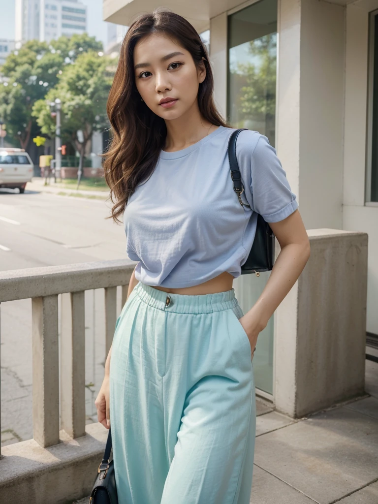 (best quality, 4k, 8k, high resolution, masterpiece: 1.2), very detailed, (realistic, photorealistic, photorealistic: 1.37), beautiful 35 year old Korean woman standing Looking at the camera, wearing the latest Korean fashionable shirt and pants, beautiful details, eyes, delicate mouth, beautiful, young face, stylish, confident, underskirt angle, charming, modern makeup, long eyelashes, slightly curly hair, sneakers, stylish handbag, bright colors, detailed. soft, bright, soft light