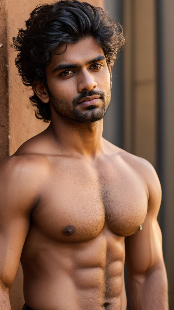 A base model of a handsome indian  man , looking at the camera, sad expression, , t shirt , messy hair , detailed eyes, detailed face, detailed background, masterpiece ,abbs, homoerotic 