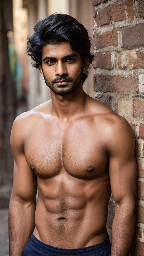 A base model of a handsome indian man , looking at the camera, sad expression, , t shirt , messy hair , detailed eyes, detailed face, detailed background, masterpiece ,abbs, homoerotic