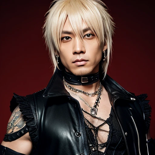 1 japanese male rocker, asien eyes, Visual Kai hairstyle, ultra detailed face and body, hyperrealistic, realistic representation, muscular, broad shoulders, tattoos gothic style, piercings, Visual Kei style, hairstyle Visual Kei, blond, 40 years old, age 40 outfit gothic streampunk, men's shirt and black pants, Asian eyes, eyes Asian, long hair, long hair