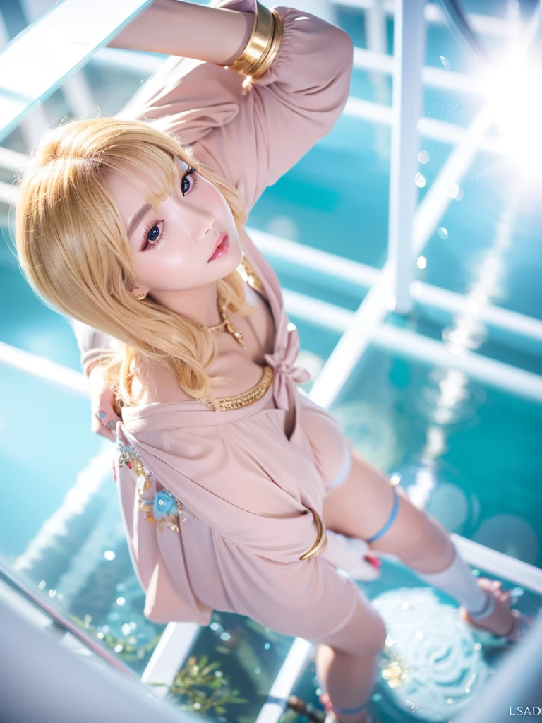 a beautiful young korean idol woman, 1girl, extremely detailed eyes, long eyelashes, beautiful detailed lips, flawless skin, elegant expression, intricate jewelry, detailed clothing, short bob blonde hair, cleavage, small breasts, (best quality,4K,8K,highres,masterpiece:1.2),ultra-detailed,(realistic,photorealistic,photo-realistic:1.37),studio lighting,HDR,vivid colors,professional photography