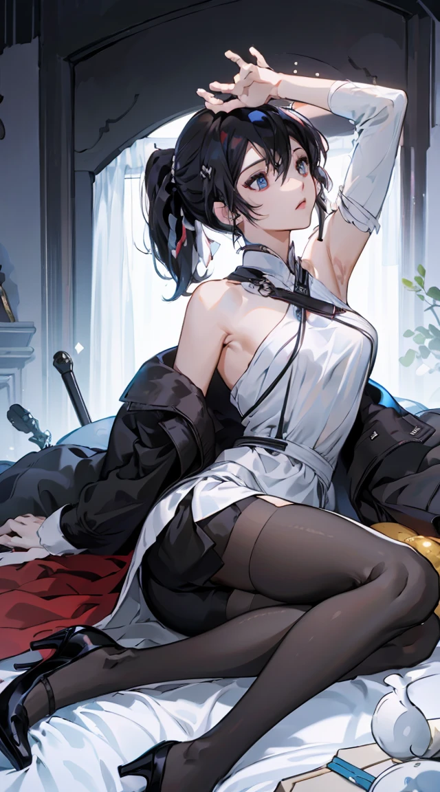 1 girl! Ray Tracing, Best shadow, high resolution (Dim Lights) Detailed background (living room) Black Hair, Busty girl, high ponytail in the ominous living room avoiding golden eyes (girl in white shirt, Black hip skirt, With black transparent pantyhose), Show your slim figure and beautiful curves, Location is correct,Physical Reasonability! Put your hands behind your head, Stand solemnly, Facial details! Exquisite facial features, Pay attention to the details of the leg position! Pay attention to the details of the hands! high quality! More eligible! Reduce Errors! More beautiful paintings, Ultra-fine CG, And the picture is more reasonable! Pay attention to finger details! 8k wallpaper, masterpiece, Eye details! Reduce binocular disparity! Number of fingers!,Female Kirito,Occupation OL,Red high heels,OL outfit