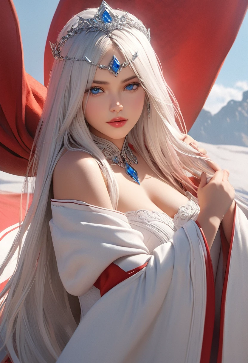 (best quality,4k,8k,highres,masterpiece:1.2), ultra-detailed, (realistic,photorealistic,photo-realistic:1.37),((Highly detailed CG Unity 8k wallpaper)), masterpiece, Super detailed, floating, High resolution, Sexually suggestive, (small, Extremely long white hair, Princess, White Mage, blue eyes, (It has long, wide sleeves and intricate embroidery. A gorgeous layered long dress in white and red with a sheer look), Bridal Veil, Circlet, Bridal Gauntlet, Blushing, shy, arched back, Frilled petticoat, Glamorous corset,