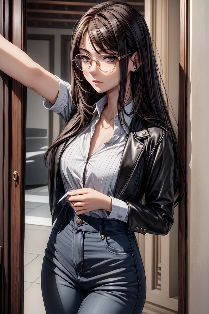(masterpiece, best quality:1.2), detailed face, detailed eyes, elegant woman, long hair, high heeled,shiny skin,welcomes you at the door, Shirt, pants,random colar, ponitail hair,cool attitude,cool glasses,exciting,cool, perfect hand:1