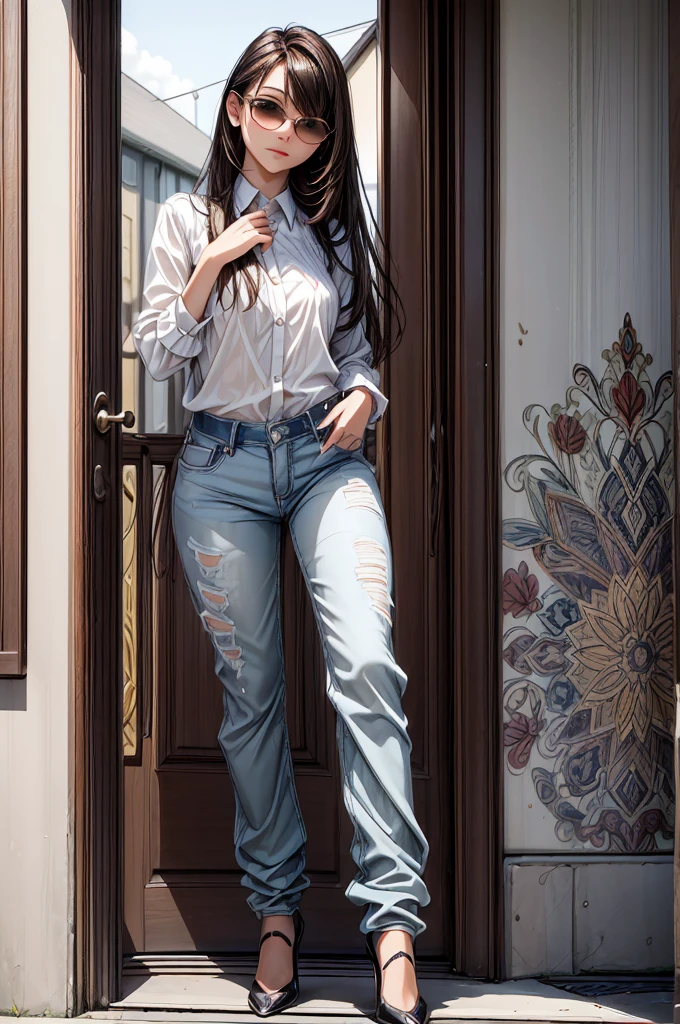 (masterpiece, best quality:1.2), detailed face, detailed eyes, elegant woman, long hair, high heeled,shiny skin,welcomes you at the door, Shirt, pants,random colar, ponitail hair,cool attitude,cool glasses,exciting,cool, perfect hand:1