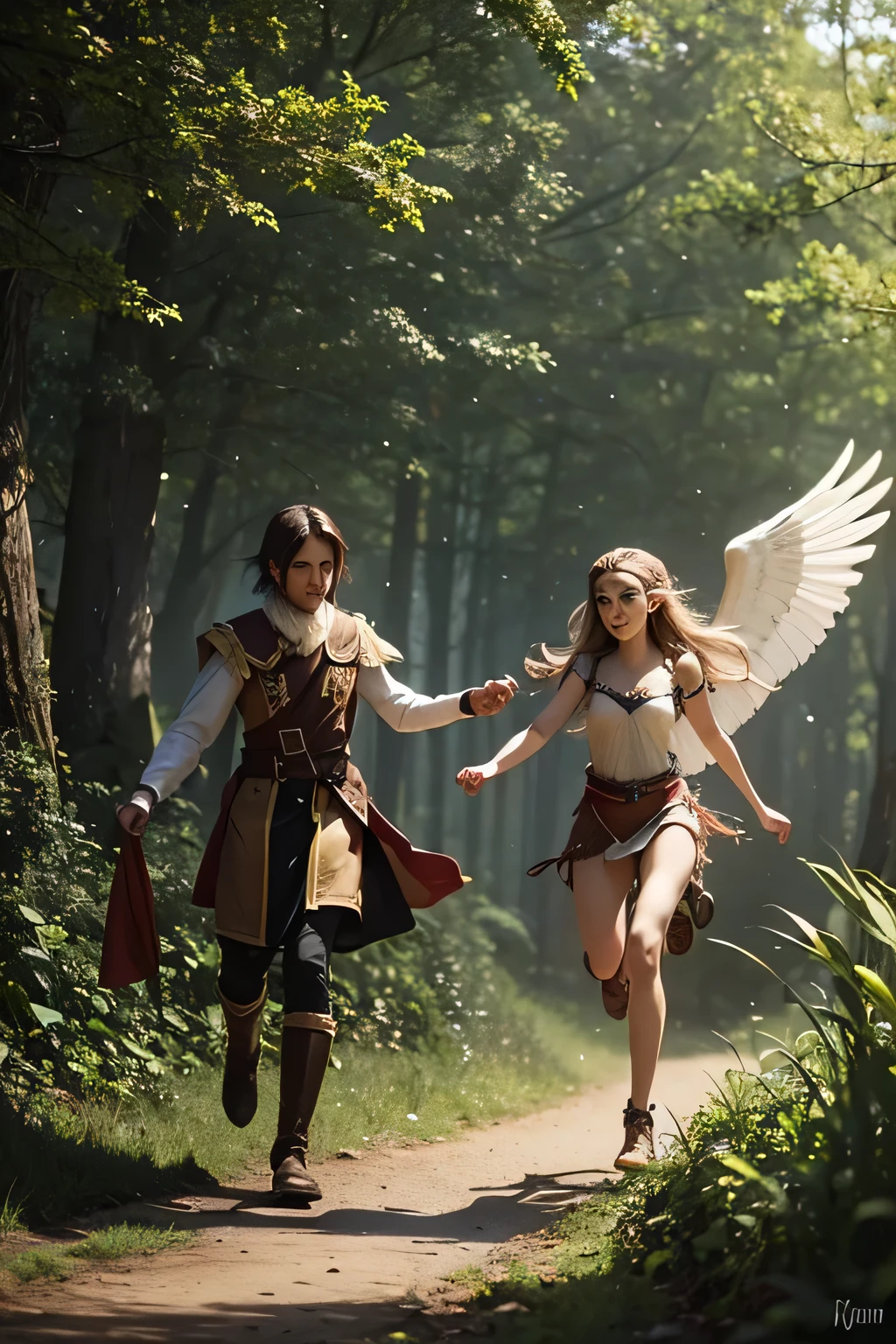 Two elves with wings ( the boy have very short brown hair and the girl have white very long hair ), run away towards a medieval town, they come from a forest. ( dark fairycore ambient )