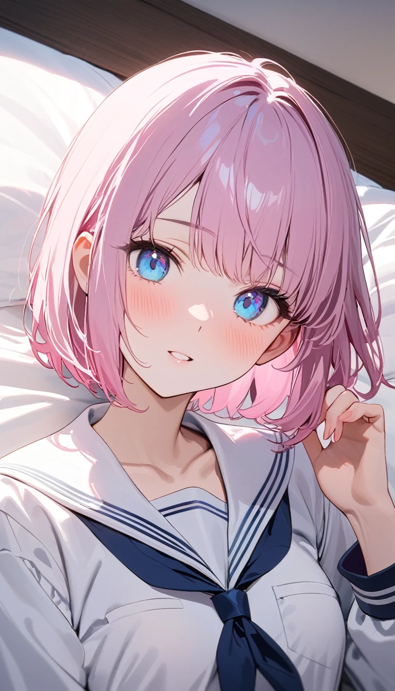 (Fit Body:1.1),(glistening skin:1.1),(pale skin:1.1),(Best Picture Quality, 8K, Masterpiece:1.3),(high school student:1.5), (pink medium hair), (bob cut), (slant skyblue eyes),Serene Bedroom Setting, Professional Lighting, Very Detailed Skin And Hair, Lying In Bed, (serafuku:1.3), beguiling expression, (super clear:1.5),light pigmented