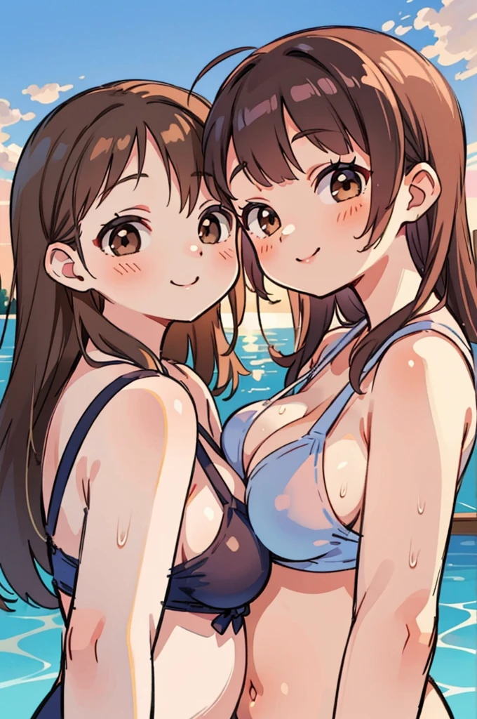  close up, From below, top quality, masterpiece, 16 K, High resolution, close up, 2 girls in, blush, beautiful hair of light brown color, beautiful brown eyes, swim wears, plump , Japanese idol, Smile, Sunset Classroom, They are hugging each other,slender body