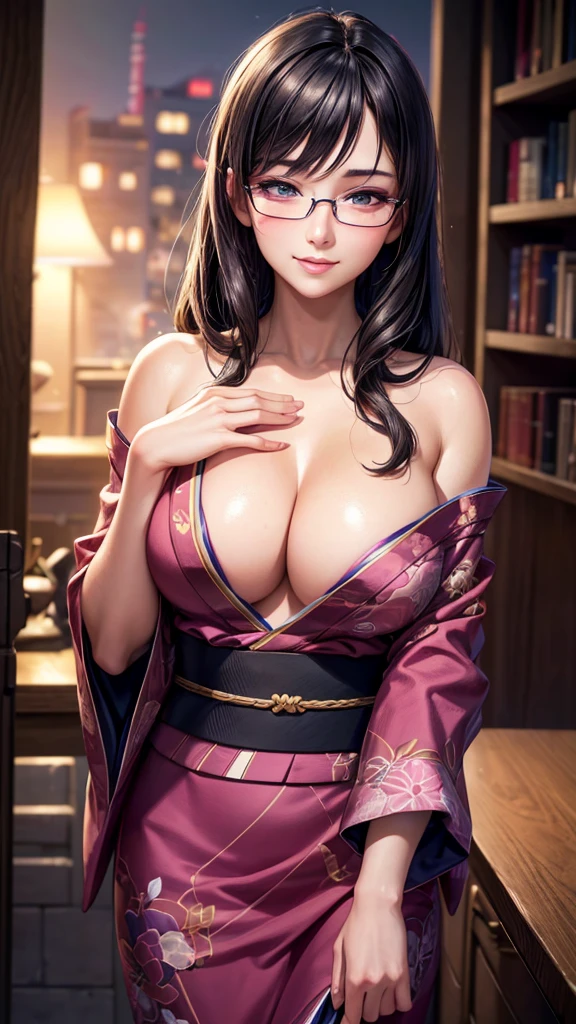 1 girl, glasses, big breasts, unbuttoned dark yukata, loose hair, smiling at you, library, blush, night light, detailed anime face, beautiful eyes, detailed hand, long eyelashes, detailed lips, detailed skin, intricate details, elegant, beautiful lighting, cool colors, cinematic, soft focus, photorealistic, masterpiece, 8k, ultra-detailed, (best quality, 4k, 8k, highres, masterpiece:1.2), ultra-detailed, (realistic, photorealistic, photo-realistic:1.37)