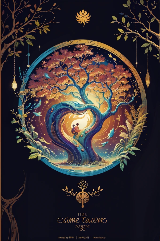 circular tree,four seasons,spring,summer,autumn,winter,leaves,roots,branches,trunk,ornate border,decorative,digital illustration,artwork,movement,time,swirling background,dark background,vibrant colors,natural,life cycle,growth,change,nature,life,peace,harmony,spirituality,symbolism,digital art,illustration,painting,graphic design,art,design,digital media,online art,visual art,fine art,fantasy