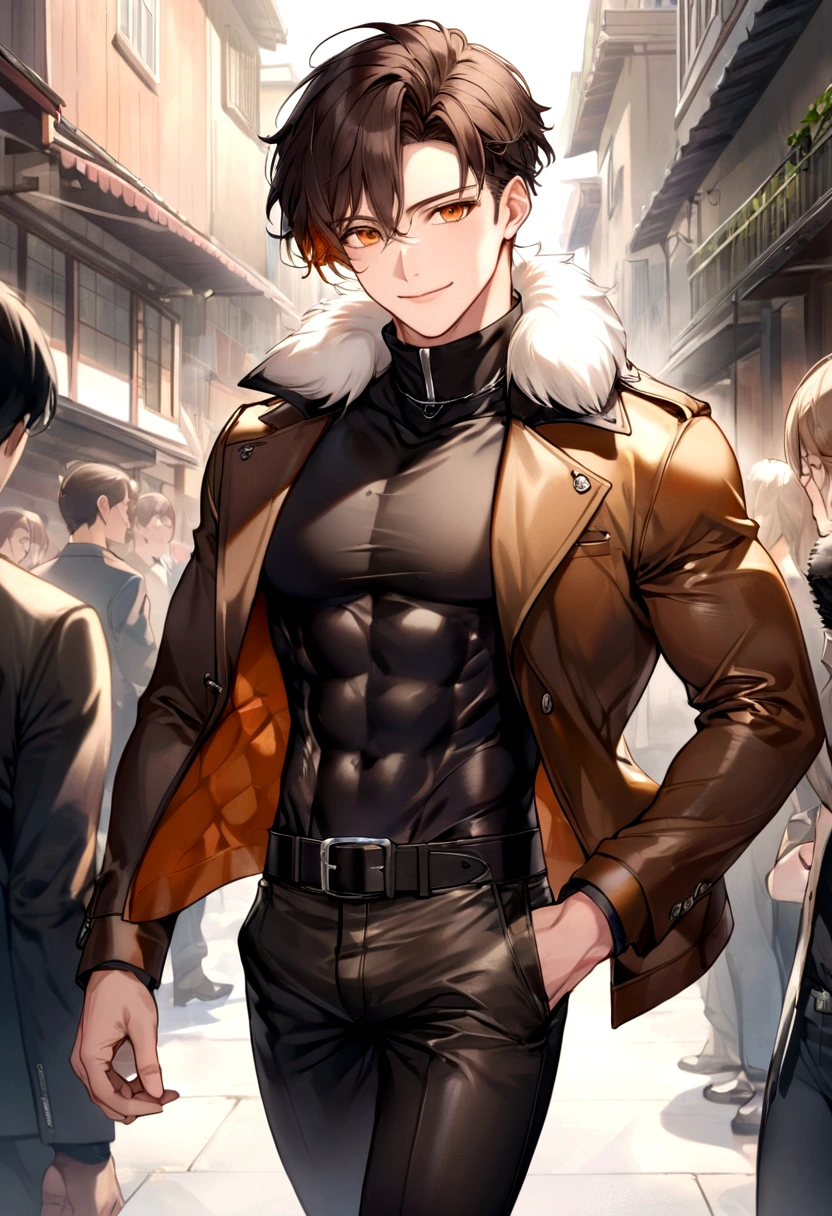 ((masterpiece, best quality)),(illustration),(detailedlight),((anextremelydelicateandbeautiful)),a leather brown jacket with fur collar, black shirt , dark grey pants with chained belts and shoes, smiling, black anime short length hair, handsome
He's a asian male that stands at 6'1"ft, 180lbs.
Has a atheltic build with some of muscle, 6 pack abs, dark brown hair, orange eyes, faded haircut, has large hair bangs going down the right side of his face