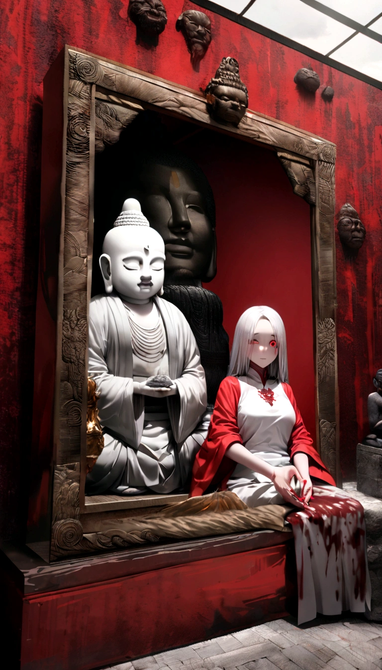 Blood red room, Flashing white TV screen, BUDDHA STATUE, cabelos preto e longos, with hair dishevelled, Cover one eye and face, Bright red eyes, Wearing a white transparent robe, Looming full breasts,liquor,Devil, reaching out her hands,Straighten your body, Red nails are exposed, Pinch the camera, hyper HD, Anatomically correct, Textured skin, Super detail, High details, High quality, A high resolution, 8K, hyper HD, Anatomically correct, Textured skin, Super detail, High details, High quality, Best quality, 8K,Leishnampo,Room 2,Horror