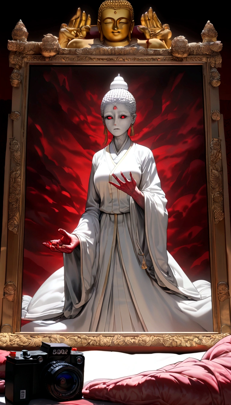Blood red room, Flashing white TV screen, BUDDHA STATUE, cabelos preto e longos, with hair dishevelled, Cover one eye and face, Bright red eyes, Wearing a white transparent robe, Looming full breasts,liquor,Devil, reaching out her hands,Straighten your body, Red nails are exposed, Pinch the camera, hyper HD, Anatomically correct, Textured skin, Super detail, High details, High quality, A high resolution, 8K, hyper HD, Anatomically correct, Textured skin, Super detail, High details, High quality, Best quality, 8K,Leishnampo,Room 2,Horror