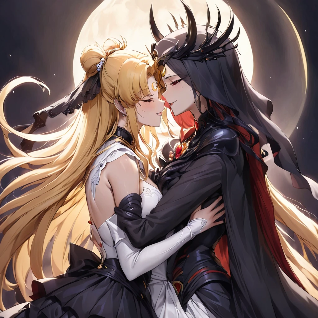 ((Highest quality)), ((masterpiece)), (detailed), (Perfect Face)、Woman is the Dark Bride、The man is a powerful demon king、The woman is Black Serenity, the noble dark queen of the Black Moon clan and has blonde hair.2The woman with long hair tied up is Princess Serenity、The woman and the strong and evil demon king embrace each other, kiss each other and get married.、The woman has a black inverted crescent moon mark on her forehead, a gorgeous and glittering black gothic Victorian dress, a black veil and a black see-through cape, and is wearing luxurious jeweled accessories. She is the Queen of Darkness, the jet-black Princess Serenity, with a happy expression and the expression of a maiden in love.、A woman and a strong, evil demon king man are embracing the dark bride woman, kissing her vows and getting married.、The man is a strong and evil demon king, and he embraces the woman, kisses her and gets married.、Men and women in love
