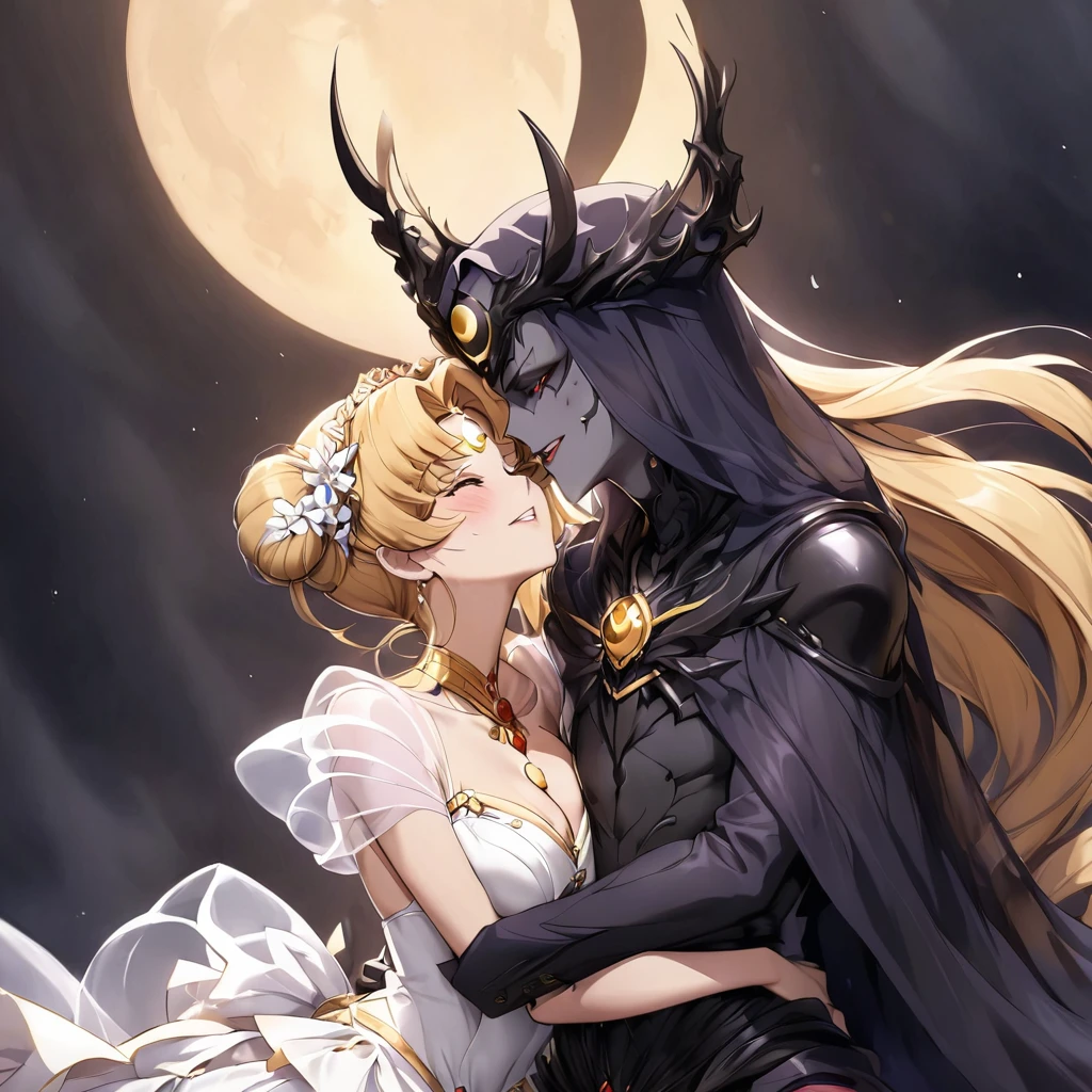 ((Highest quality)), ((masterpiece)), (detailed), (Perfect Face)、Woman is the Dark Bride、The man is a powerful demon king、The woman is Black Serenity, the noble dark queen of the Black Moon clan and has blonde hair.2The woman with long hair tied up is Princess Serenity、The woman and the strong and evil demon king embrace each other, kiss each other and get married.、The woman has a black inverted crescent moon mark on her forehead, a gorgeous and glittering black gothic Victorian dress, a black veil and a black see-through cape, and is wearing luxurious jeweled accessories. She is the Queen of Darkness, the jet-black Princess Serenity, wit? a happy expression and the expression of a maiden in love.、A woman and a strong, evil demon king man are embracing the dark bride woman, kissing her vows and getting married.、The man is a strong and evil demon king, and he embraces the woman, kisses her and gets married.、Men and women in love
