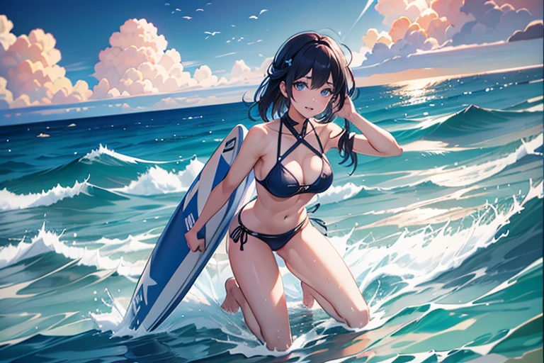 barefoot、Girl surfing big ocean waves, 