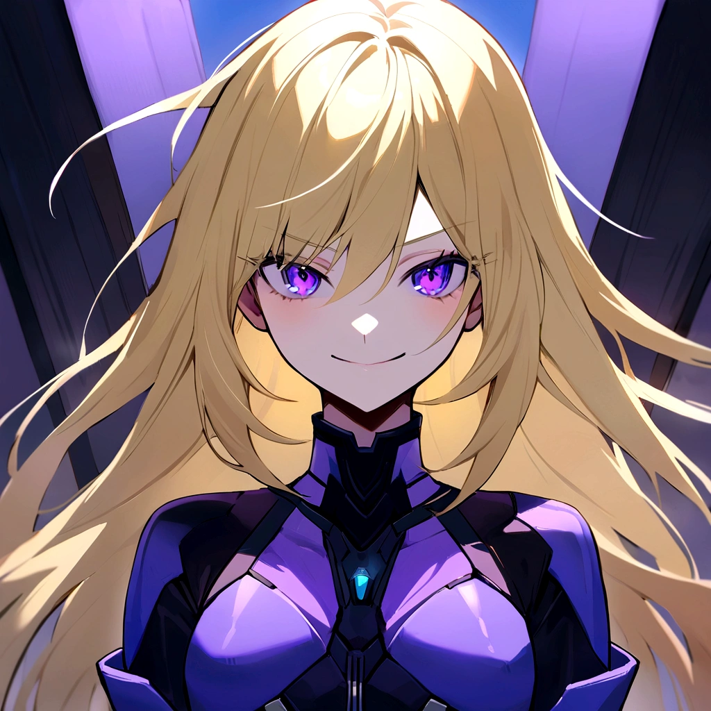 make me a female, , long blonde hair, purple eyes, she's grinning, cyber clothes, purple and blue outfit, skirt and top with boots