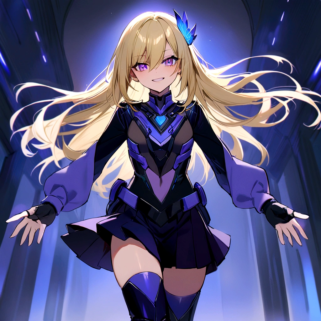 make me a female, 17 years old, long blonde hair, purple eyes, she's grinning, cyber clothes, purple and blue outfit, skirt and top with boots
