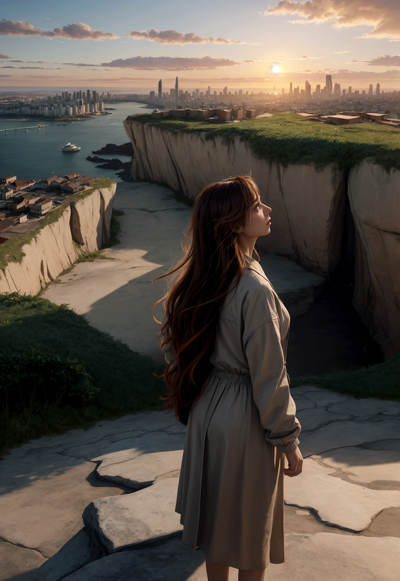 /imagine prompt: A digital painting of a person standing at the edge of a cliff, looking at a vibrant cityscape in the distance, symbolizing big dreams. The person is in a determined pose, straight-on view. The background includes a glowing sunset over the city. Bright, warm colors dominate with long shadows and highlights. Created Using: impressionist style, bright color palette, detailed brush strokes, atmospheric perspective, light flares, natural textures, hd quality, natural look --ar 16:9 --v 6.0
