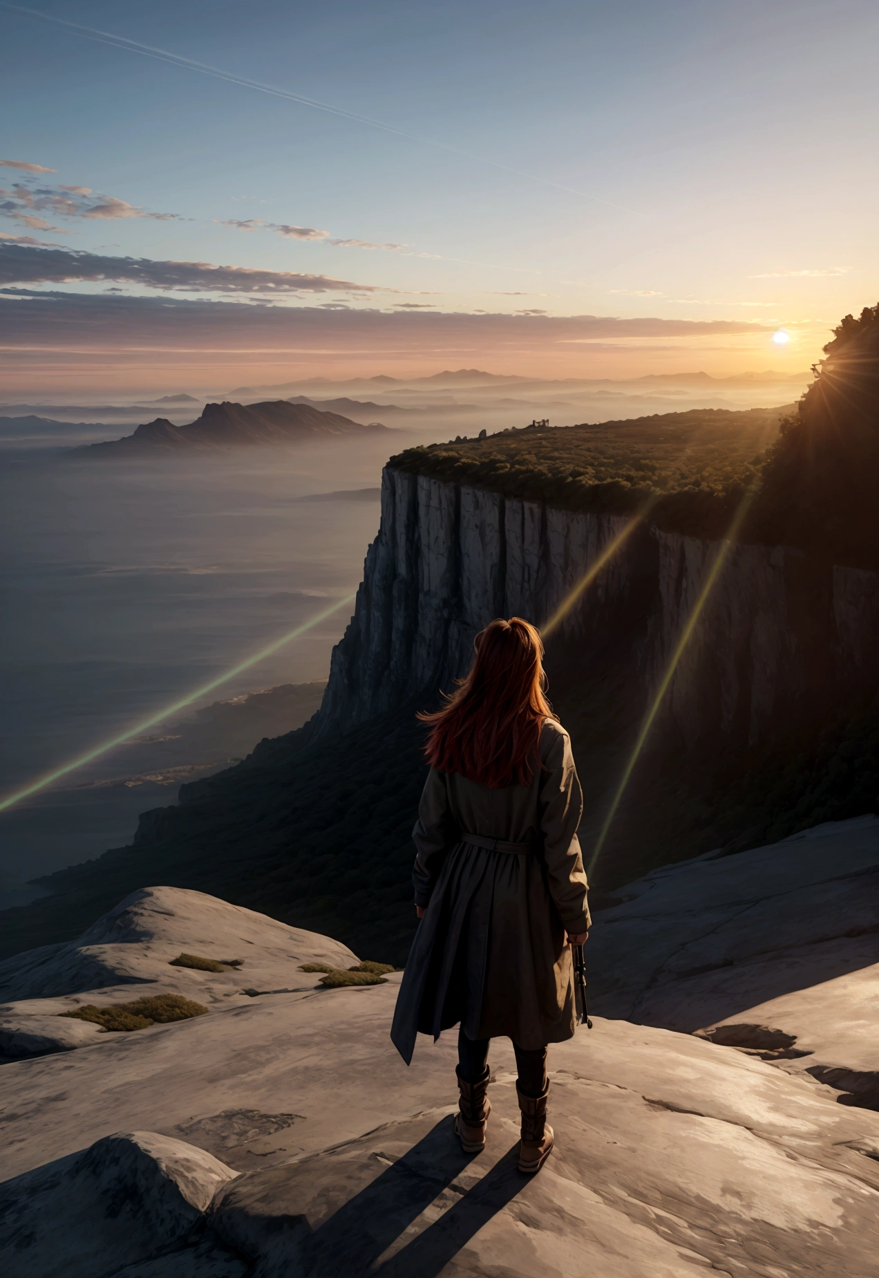 /imagine prompt: A digital painting of a person standing at the edge of a cliff, looking at a vibrant cityscape in the distance, symbolizing big dreams. The person is in a determined pose, straight-on view. The background includes a glowing sunset over the city. Bright, warm colors dominate with long shadows and highlights. Created Using: impressionist style, bright color palette, detailed brush strokes, atmospheric perspective, light flares, natural textures, hd quality, natural look --ar 16:9 --v 6.0