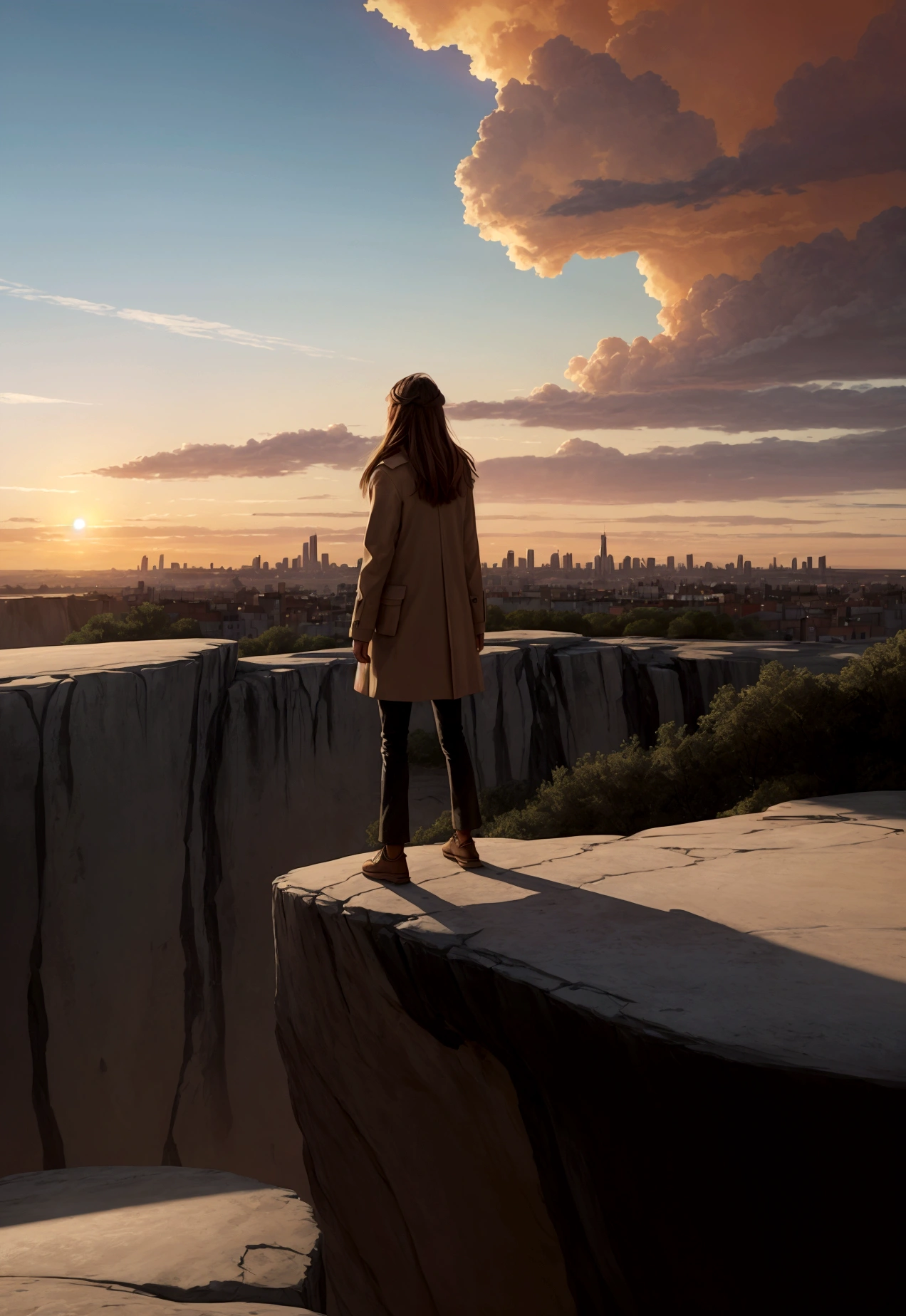 /imagine prompt: A digital painting of a person standing at the edge of a cliff, looking at a vibrant cityscape in the distance, symbolizing big dreams. The person is in a determined pose, straight-on view. The background includes a glowing sunset over the city. Bright, warm colors dominate with long shadows and highlights. Created Using: impressionist style, bright color palette, detailed brush strokes, atmospheric perspective, light flares, natural textures, hd quality, natural look --ar 16:9 --v 6.0
