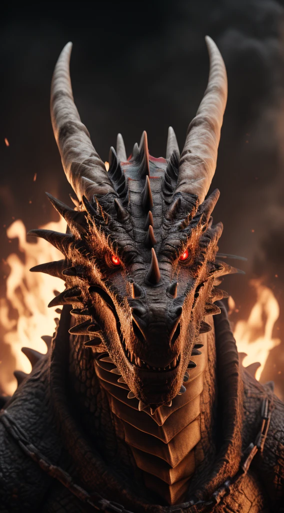 (best quality,16k,32k,highres,masterpiece:1.2),ultra-detailed,(realistic,photorealistic,photo-realistic:1.37),(The ultimate Orochi dragon) glowing red eyes realistic fire background of totally destroyed mountain alone looking at the camera serious expression.