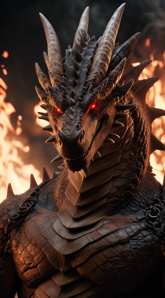 (best quality,16k,32k,highres,masterpiece:1.2),ultra-detailed,(realistic,photorealistic,photo-realistic:1.37),(The ultimate Orochi dragon) glowing red eyes realistic fire background of totally destroyed mountain alone looking at the camera serious expression.