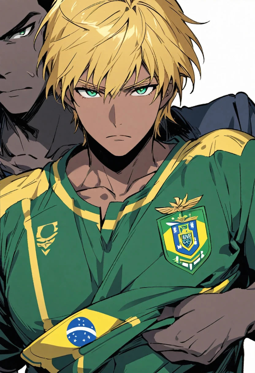 Black man with golden hair, dark green eyes, green and blue uniform and also dark blue. In the middle of the chest, the Brazilian emblem.