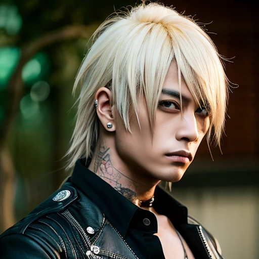 1 japanese male rocker, asien eyes, Visual Kai hairstyle, ultra detailed face and body, hyperrealistic, realistic representation, muscular, broad shoulders, tattoos gothic style, piercings, Visual Kei style, hairstyle Visual Kei, blond, 40 years old, age 40 outfit gothic streampunk, men's shirt and black pants, Asian eyes, eyes Asian, long hair, long hair