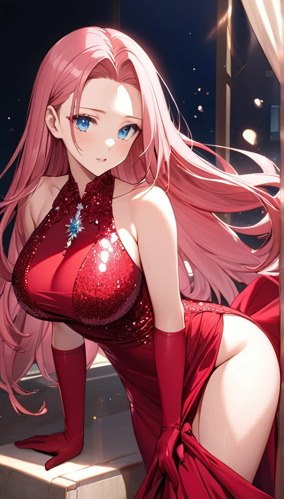 woman, pink hair, long hair, open forehead, no bangs, blue eyes, big breasts, red dress, long dress, thigh-high neckline, sequined dress, gloves, red gloves, open shoulders