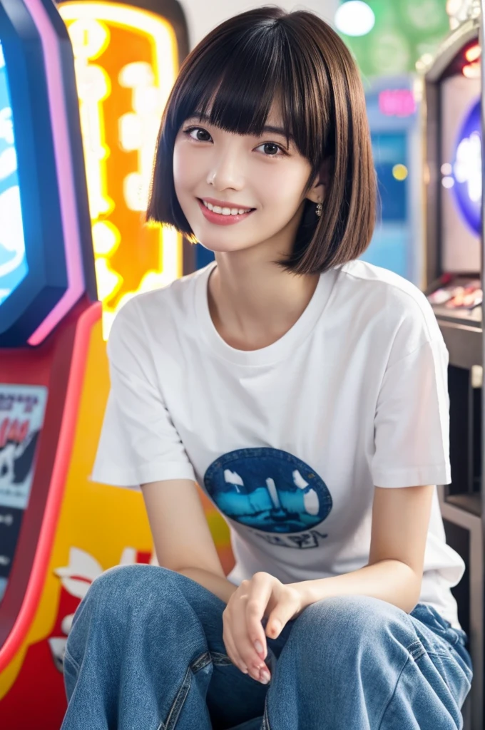 Game center, professional gamer, ((full body)), ((photo)), ((best qualtiy, 8K, tmasterpiece: 1.3)), Focus: 1.2, perfect figure beautiful girl: 1.4, 1girl, cowboy shot, look at viewer, eyes facing the camera, incredibly absurd, beautiful and cute girl with a photorealistic face, showcasing top-quality craftsmanship, A Japanese girl playing games at an arcade, , with a bob cut, silky black hair, bangs cut at an angle to reveal her right eye, large eyes, a soft smile, tanned skin, thin and well-formed eyebrows, straight nose with a rounded tip, thin lips but a healthy, natural pink colour, small ears with pierced ears, a slender neck with a sharp jawline, a small face with well-formed facial features, fair, fine, translucent skin, long eyelashes that make the eye makeup stand out, eyes that are powerful but also kind, Well-aligned, white teeth, healthy, shiny skin and hair, friendly expression, , slender, well-balanced proportions, good posture, beautiful C-cup breasts, white character T-shirt, blue denim jacket, yellow shorts, white sneakers, silver earrings, tote bag with game character illustration printed on it, beautiful girl, moe, devilish type, sociable and easy to talk to, values teamwork, curious and adventurous, has a sense of humor, July