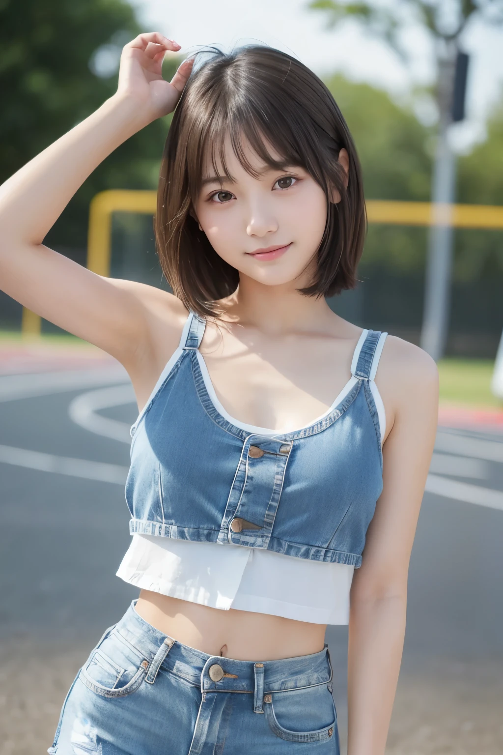 one japanese girl, (a beauty girl, delicate girl:1.3), (, gal:1.3), (denim shorts:1.2), very fine eye definition, (symmetrical black eyes:1.3), stare at the camera, A big smile, show teeth, (trackfield view:1.2), small breasts, brown short hair, girl, (eyes and faces with detailed:1.5), (masterpiece, best quality, ultra detailed, detailed face, 8k), Swayback stance