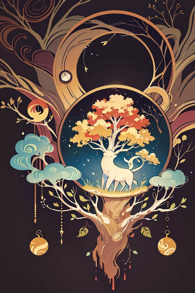 circular tree,four seasons,spring,summer,autumn,winter,leaves,roots,branches,trunk,ornate border,decorative,digital illustration,artwork,movement,time,swirling background,dark background,vibrant colors,natural,life cycle,growth,change,nature,life,peace,harmony,spirituality,symbolism,digital art,illustration,painting,graphic design,art,design,digital media,online art,visual art,fine art,fantasy