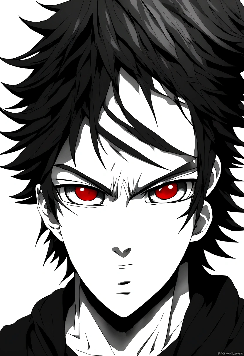 anime boy, curly hair, scar across eye, eye reflection, half-closed eyes, red eyes, solid circle eyes, kubrick stare, bright pupils, undercut, dark scenario, shining eyes, grey hair, anime style, chiaroscuro, anime, cinematic lighting