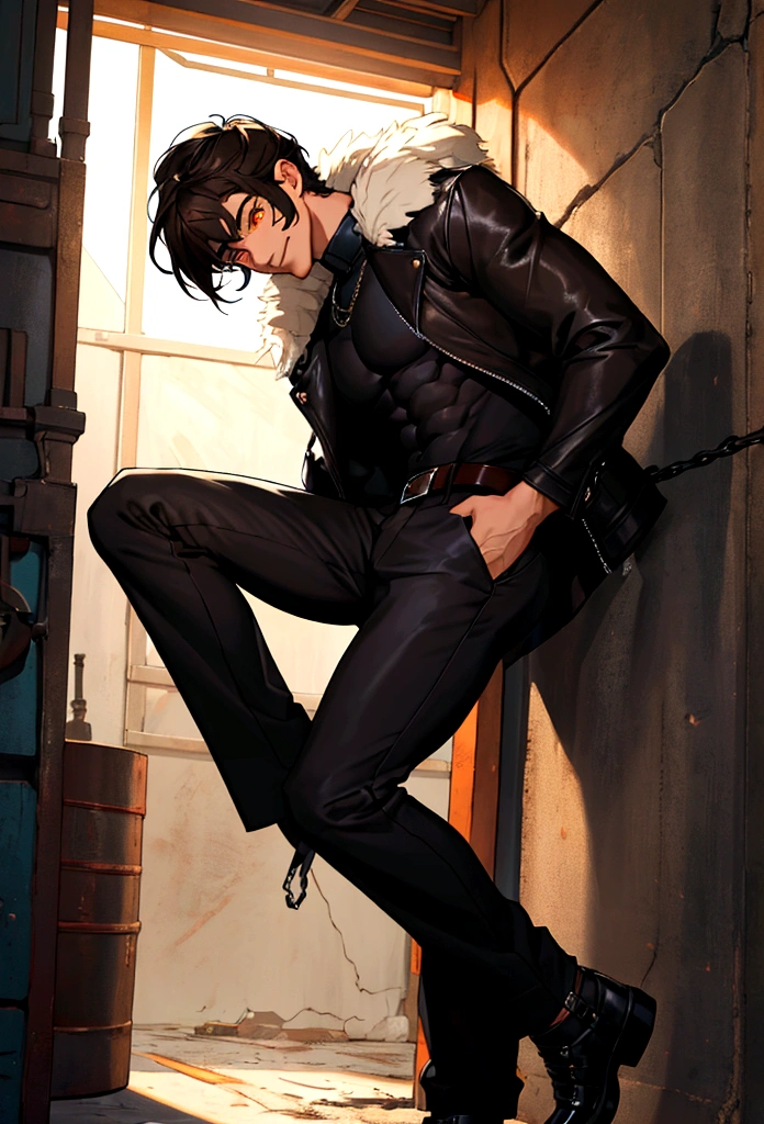 ((masterpiece, best quality)),(illustration),(detailedlight),((anextremelydelicateandbeautiful)),a leather brown jacket with fur collar, black shirt , dark grey pants with chained belts and shoes, smiling, black anime short length hair, handsome
He's a asian male that stands at 6'1"ft, 180lbs.
Has a atheltic build with some of muscle, 6 pack abs, dark brown hair, orange eyes, faded haircut, has large hair bangs going down the right side of his face