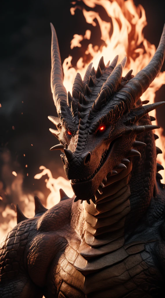 (best quality,16k,32k,highres,masterpiece:1.2),ultra-detailed,(realistic,photorealistic,photo-realistic:1.37),(The ultimate Orochi dragon) glowing red eyes realistic fire background of totally destroyed mountain alone looking at the camera serious expression.
