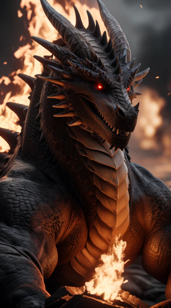 (best quality,16k,32k,highres,masterpiece:1.2),ultra-detailed,(realistic,photorealistic,photo-realistic:1.37),(The ultimate Orochi dragon) glowing red eyes realistic fire background of totally destroyed mountain alone looking at the camera serious expression.