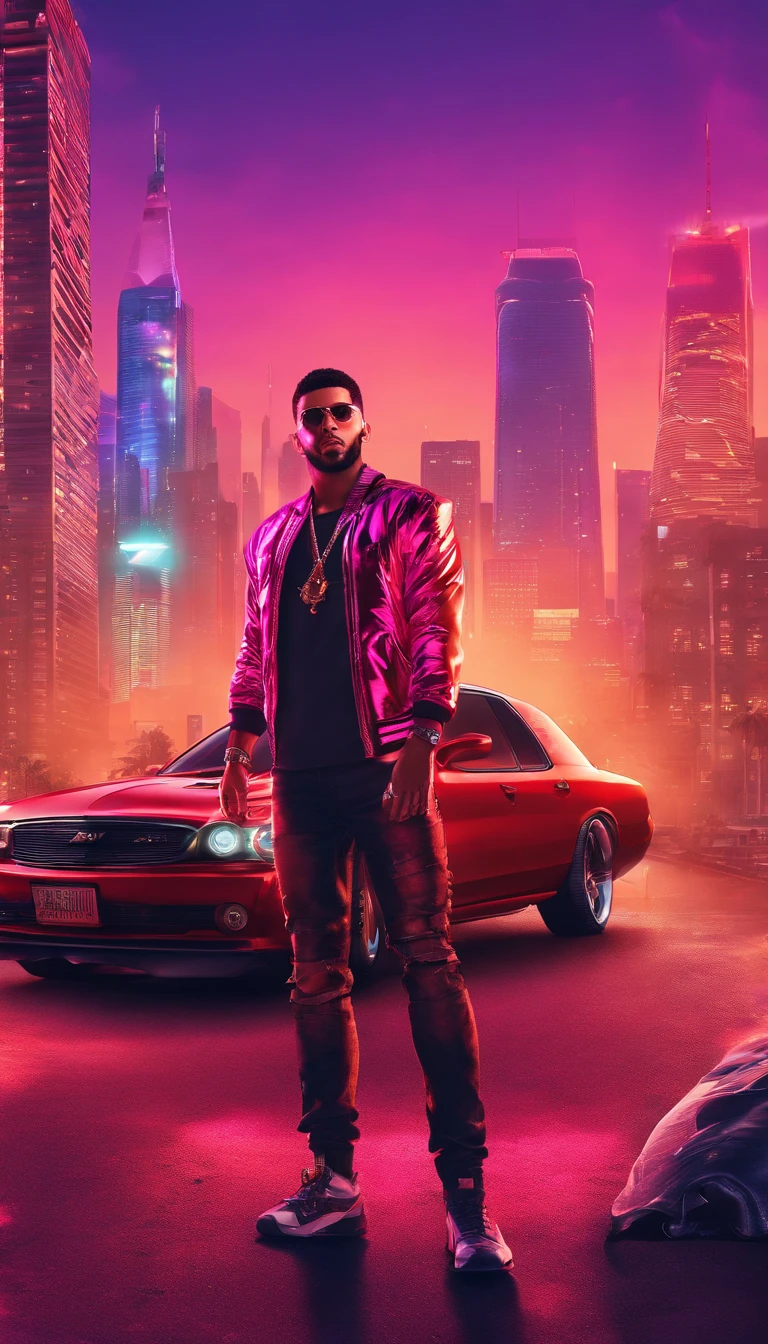 A handsome male pop singer Anuel AA, standing with a gun, a car behind him, in a city skyline, hyperrealistic, cinematic lighting, dramatic pose, 8k, highly detailed, photorealistic, chiaroscuro, moody atmosphere, neon lights, urban landscape, skyscrapers, dramatic sky, volumetric lighting, extreme detail, vibrant colors
