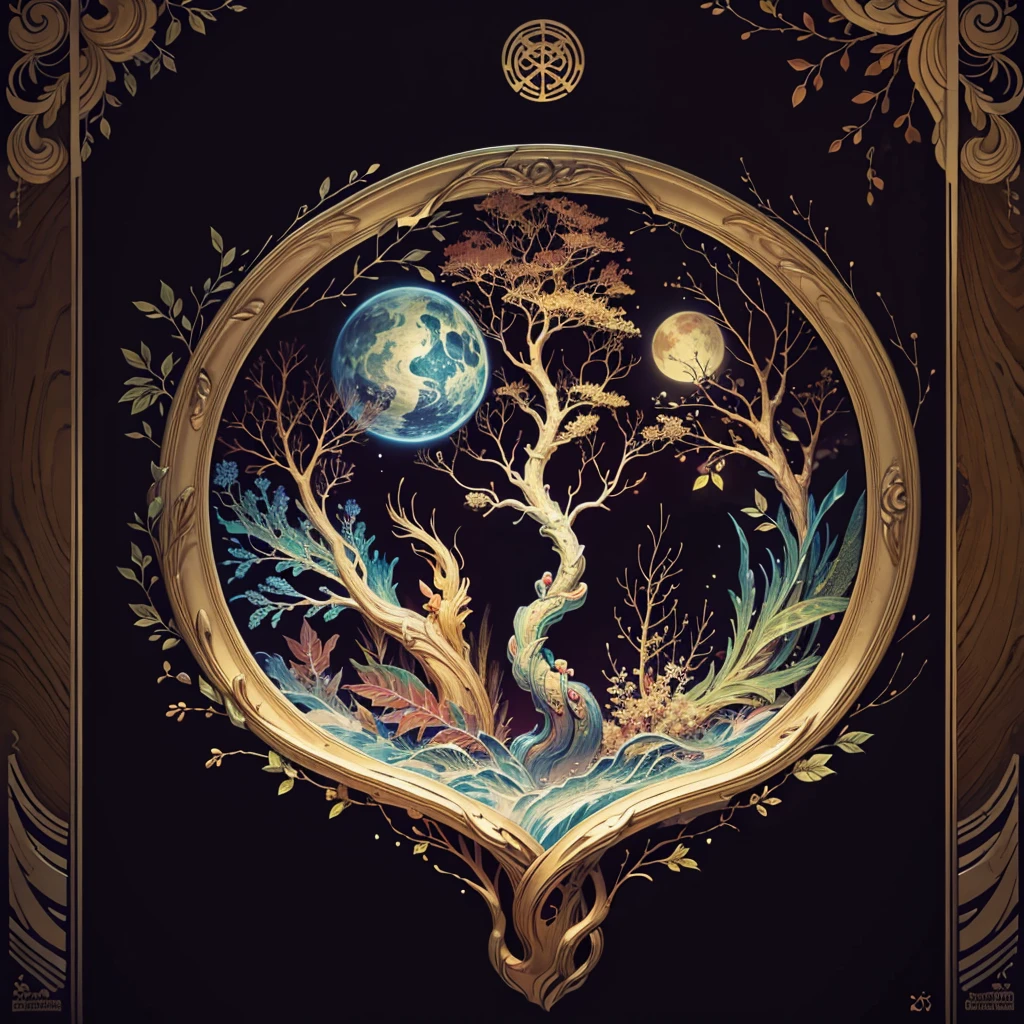 circular tree,four seasons,spring,summer,autumn,winter,leaves,roots,branches,trunk,ornate border,decorative,digital illustration,artwork,movement,time,swirling background,dark background,vibrant colors,natural,life cycle,growth,change,nature,life,peace,harmony,spirituality,symbolism,digital art,illustration,painting,graphic design,art,design,digital media,online art,visual art,fine art,fantasy