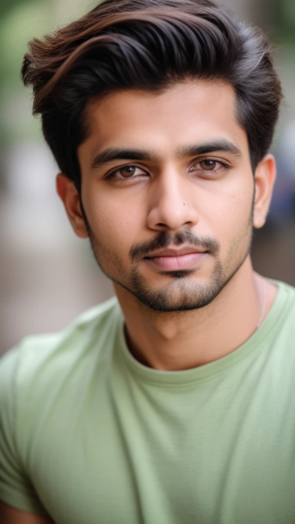 A base model of a handsome indian man , looking at the camera, sad expression, , t shirt , messy hair , detailed eyes, detailed face, detailed background, masterpiece