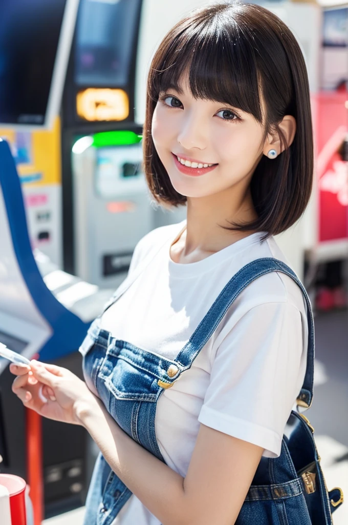 Game center, professional gamer, ((full body)), ((photo)), ((best qualtiy, 8K, tmasterpiece: 1.3)), Focus: 1.2, perfect figure beautiful girl: 1.4, 1girl, cowboy shot, look at viewer, eyes facing the camera, incredibly absurd, beautiful and cute girl with a photorealistic face, showcasing top-quality craftsmanship, A Japanese girl playing games at an arcade, 17 years old, with a bob cut, silky black hair, bangs cut at an angle to reveal her right eye, large eyes, a soft smile, tanned skin, thin and well-formed eyebrows, straight nose with a rounded tip, thin lips but a healthy, natural pink colour, small ears with pierced ears, a slender neck with a sharp jawline, a small face with well-formed facial features, fair, fine, translucent skin, long eyelashes that make the eye makeup stand out, eyes that are powerful but also kind, Well-aligned, white teeth, healthy, shiny skin and hair, friendly expression, , slender, well-balanced proportions, good posture, beautiful C-cup breasts, white character T-shirt, blue denim jacket, yellow shorts, white sneakers, silver earrings, tote bag with game character illustration printed on it, beautiful girl, moe, devilish type, sociable and easy to talk to, values teamwork, curious and adventurous, has a sense of humor, July