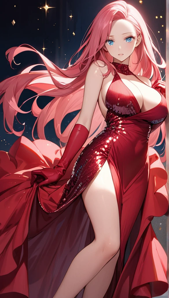 woman, pink hair, long hair, open forehead, no bangs, blue eyes, big breasts, red dress, long dress, thigh-high neckline, sequined dress, gloves, red gloves, open shoulders