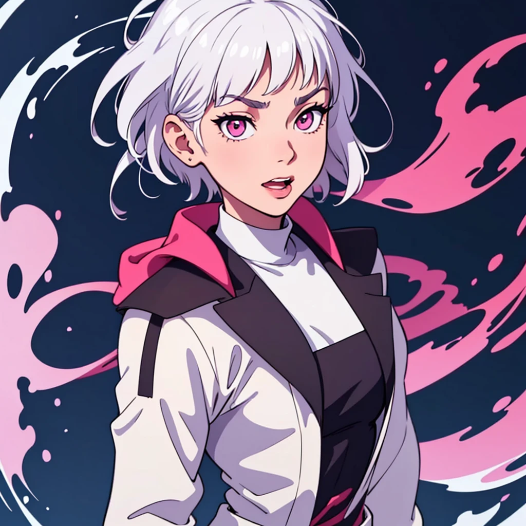 short white hair, highres, high resolution, masterpiece, wide dark pink eyes, looking right, looking towards the right, looking rightward, talking, mouth open, talking, speaking, mouth moving, mouth speaking, mouth talking, speaking words, talking, grinning, confident, masterpiece, best quality, highres, 1 man, Gojo Satoru jujutsu kaisen, wavy hair, white hair, medium short hair, teenager, colorful hair, light background, full body, teenager, colorful parts, symbols, dark , bold, realistic mixing dark lines and loose lines, bold lines, on paper, human man, full body, imposing pose, stylish outfit, dark theme, beautiful, pretty, modest, standing, male, sharp chin, high cheekbones, white background, highres, high resolution, masterpiece, mouth open, talking, speaking, mouth moving, mouth speaking, mouth talking, speaking words, talking