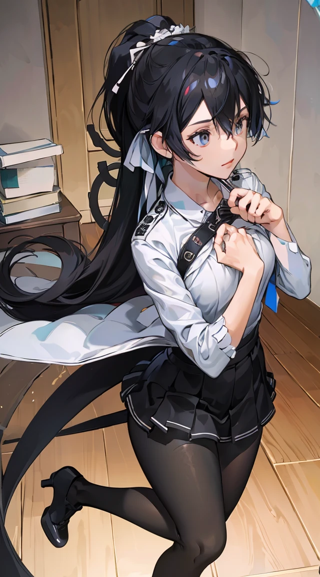 1 girl! Ray Tracing, Best shadow, high resolution (Dim Lights) Detailed background (living room) Black Hair, Busty girl, high ponytail in the ominous living room avoiding golden eyes (girl in white shirt, Black hip skirt, With black transparent pantyhose), Show your slim figure and beautiful curves, Location is correct,Physical Reasonability! Stand solemnly, Facial details! Exquisite facial features, Pay attention to the details of the leg position! Pay attention to the details of the hands! high quality! More eligible! Reduce Errors! More beautiful paintings, Ultra-fine CG, And the picture is more reasonable! Pay attention to finger details! 8k wallpaper, masterpiece, Eye details! Reduce binocular disparity! Number of fingers!,Female Kirito,Occupation OL,Red high heels,OL outfit,Wearing glasses,Book in hand
